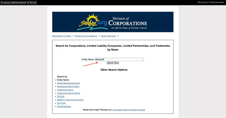 Sunbiz Entity Name field filled with Microsoft next to the Search Now button