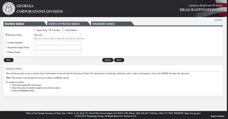 Georgia eCorp form filled with Microsoft in the Business Name field, Contains and Business Name radios selected