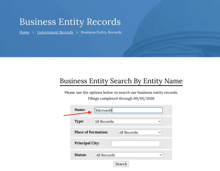 Alabama entity-name search with Microsoft entered in the Name field, while Type, Place of Formation and Status remain set to All Records