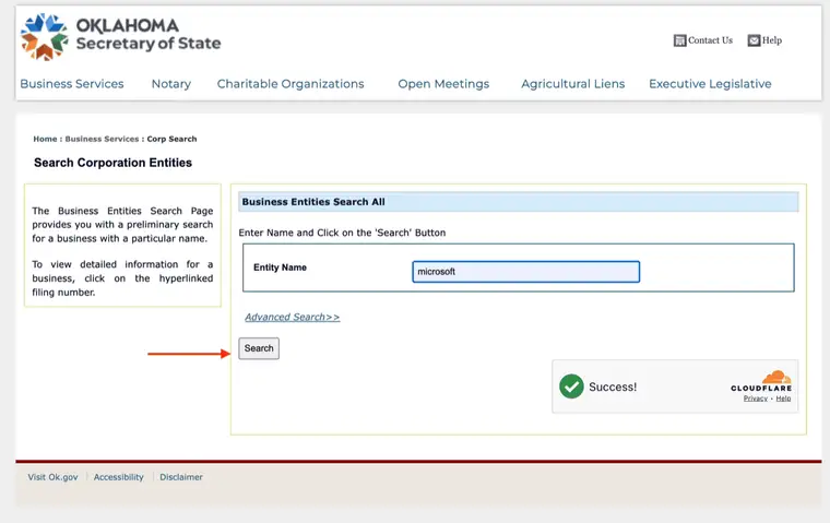 The Oklahoma Entity Name field filled with the word microsoft, with a red arrow pointing at the Search button below the Advanced Search link