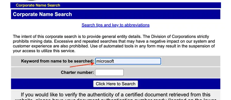 Maine Corporate Name Search form with the word microsoft typed into the Keyword from name to be searched field and an empty Charter number field