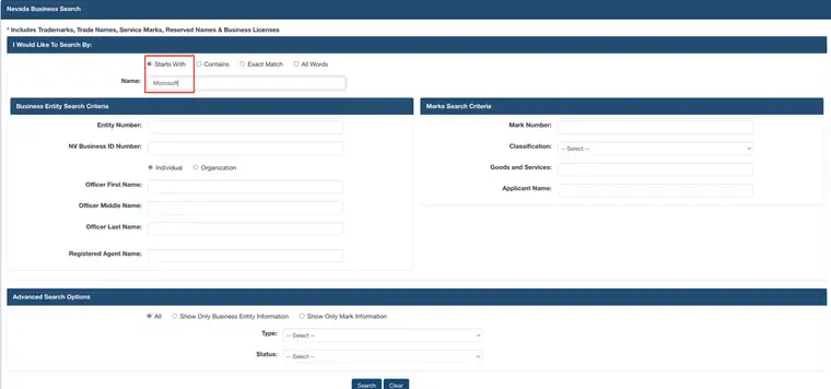 The Nevada search Name field filled with the word Microsoft while the Starts With radio button is selected, both outlined in red, above the entity and marks criteria panels