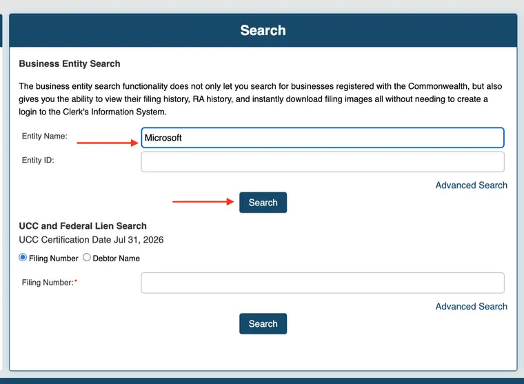 The Virginia CIS Entity Name field filled with the word Microsoft, with red arrows pointing at the field and the Search button