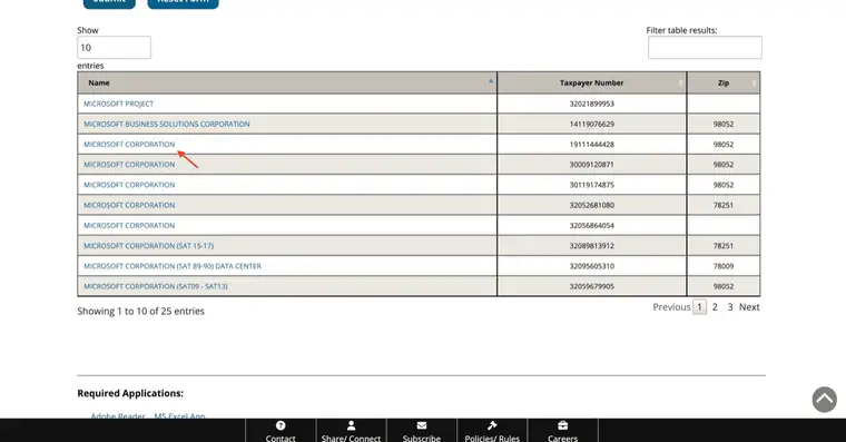 Comptroller results table with Name, Taxpayer Number, and Zip columns listing multiple Microsoft-related entities