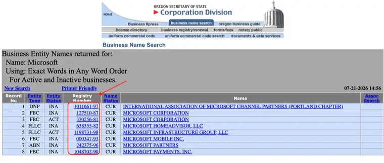 Oregon Business Name Search results for Microsoft with columns for Record No, Entity Type, Entity Status, Registry Number, Name Status, and Name, including FBC, FLLC, and ABN rows marked ACT or INA