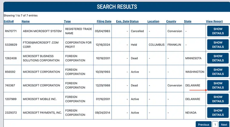 Ohio SEARCH RESULTS table with Entity number, Name, Type, Status, and SHOW DETAILS buttons