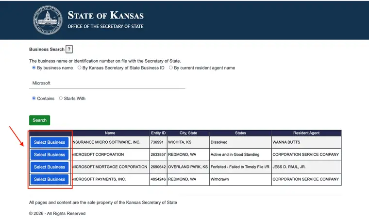 Kansas Business Search results table for the query Microsoft with Name, Entity ID, City State, Status, and Resident Agent columns, and a red arrow marking the Select Business buttons