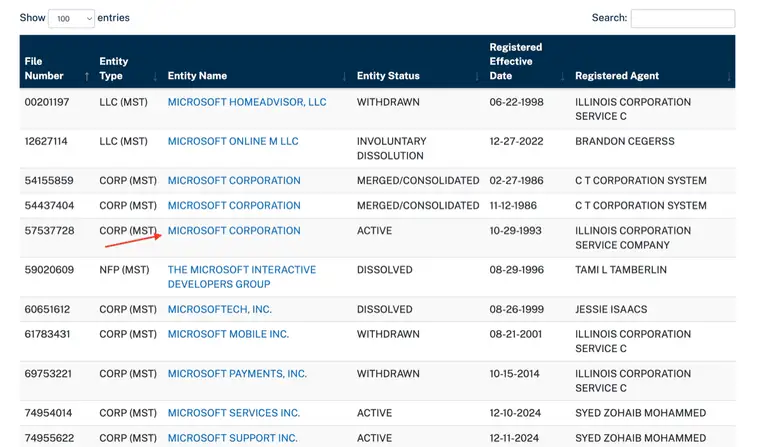 Illinois business search results for Microsoft in a table with File Number, Entity Type, Entity Name, Entity Status, Registered Effective Date, and Registered Agent columns, showing statuses including ACTIVE, WITHDRAWN, DISSOLVED, and MERGED slash CONSOLIDATED