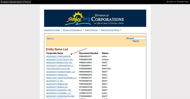 Sunbiz Entity Name List with Corporate Name, Document Number, and Status columns showing Active and INACT rows
