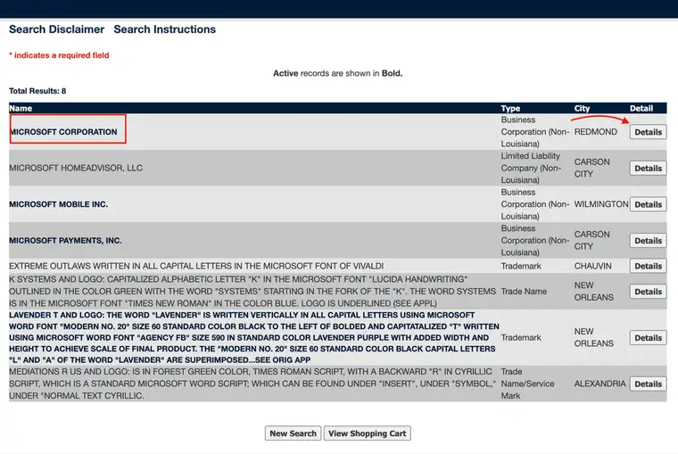 Louisiana CORA search results showing Total Results 8 with Name, Type, City and Detail columns, listing business corporations, a limited liability company, trademarks and trade names, some rows in bold, and a red arrow pointing at a Details button