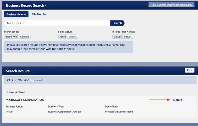 Minnesota search results showing one record for Microsoft Corporation with Business Status Active, Business Type Business Corporation Foreign, and Name Type Minnesota Business Name, beside a Details link