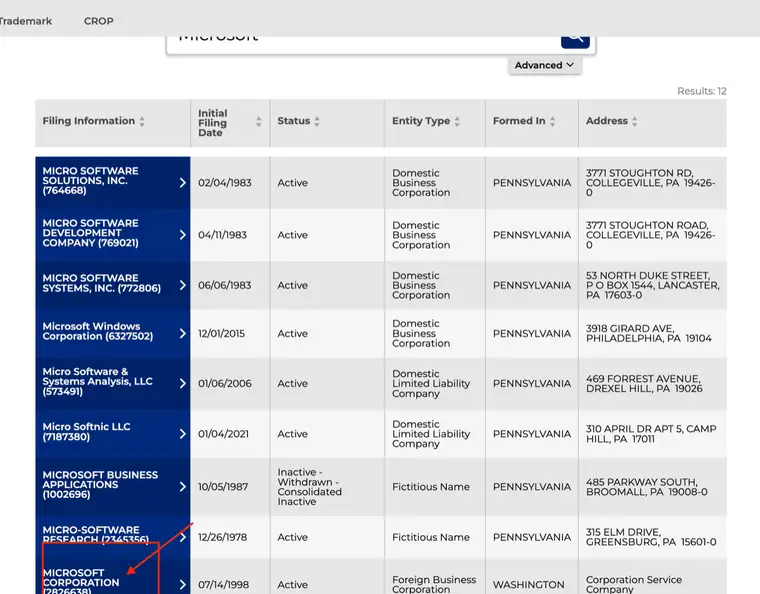 Pennsylvania business search results reading Results 12 with sortable Filing Information, Initial Filing Date, Status, Entity Type, Formed In and Address columns, listing domestic business corporations, limited liability companies and two Fictitious Name records, one of them Inactive Withdrawn Consolidated Inactive