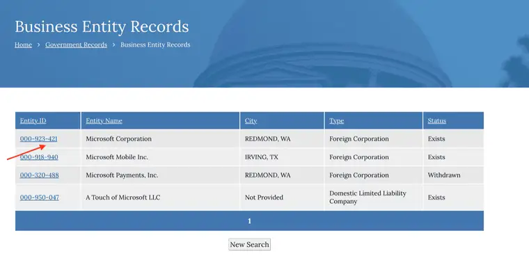 Alabama business search results with Entity ID, Entity Name, City, Type and Status columns, including foreign corporations and a domestic limited liability company