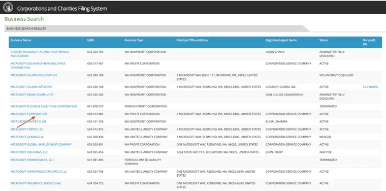 Washington business search results for Microsoft listing Business Name, UBI number, Business Type, Principal Office Address, Registered Agent Name and Status columns, with statuses including ACTIVE, ADMINISTRATIVELY DISSOLVED, VOLUNTARILY DISSOLVED, TERMINATED and MERGED