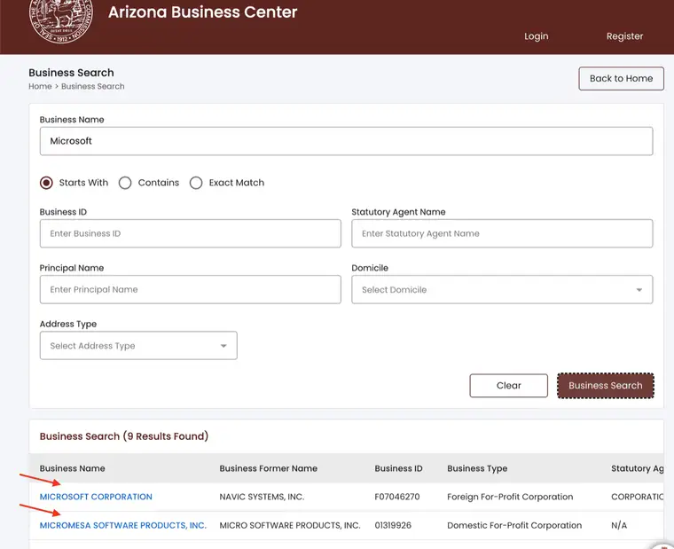 Arizona Business Search results for Microsoft showing nine results with Business Name, Business Former Name, Business ID, and Business Type columns, including Microsoft Corporation as a Foreign For-Profit Corporation