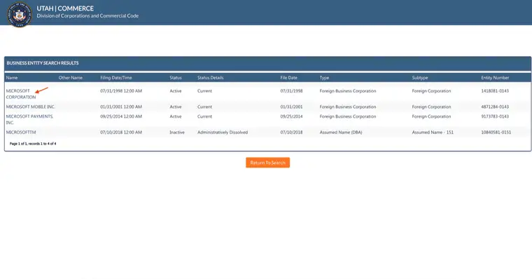 Utah business entity search results listing Name, Other Name, Filing Date, Status, Status Details, File Date, Type, Subtype and Entity Number columns across four rows, one of which is an Assumed Name DBA record