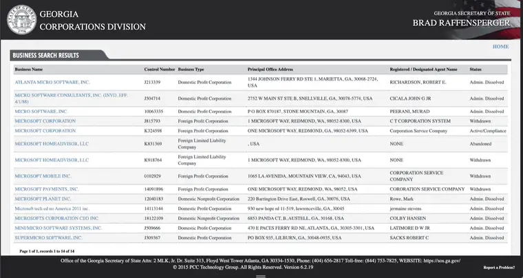 Georgia eCorp Business Search Results table with columns for Business Name, Control Number, Business Type, address, agent, and Status