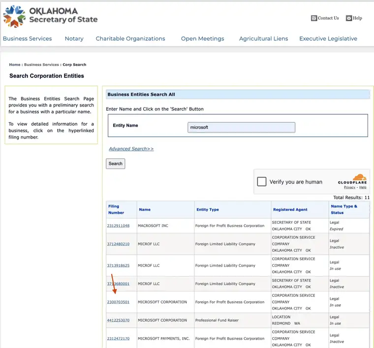 Oklahoma business entities search results for microsoft listing filing number, name, entity type, registered agent and name type and status columns, including rows for Macrosoft Inc and Microf LLC with statuses Expired, Inactive and In use