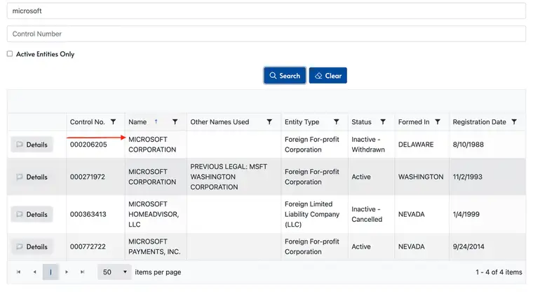 Tennessee results grid for microsoft showing Control No., Name, Other Names Used, Entity Type, Status, Formed In and Registration Date columns across four rows, with a footer reading 1 - 4 of 4 items at 50 items per page