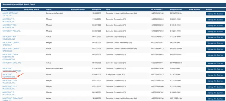 Nevada business entity and mark search results table with Name, Prior Name Match, Status, Compliance Hold, Filing Date, Type, NV Business ID, Entity Number, Mark Number and Actions columns, showing statuses of Active, Merged and Permanently Revoked across corporations and limited-liability companies