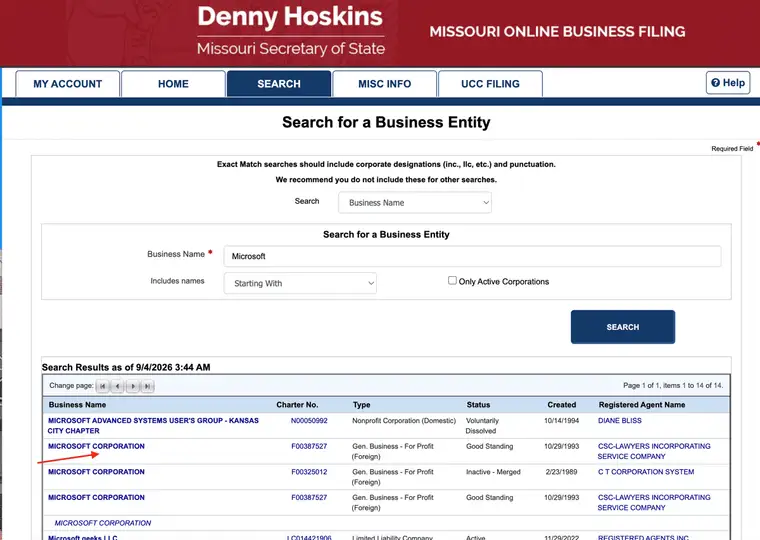 Missouri search results for Microsoft showing 14 records and columns for Business Name, Charter No., Type, Status, Created and Registered Agent Name
