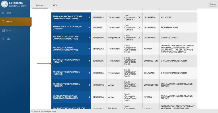 bizfile results list of Microsoft-related entities with status values such as Terminated, Merged Out, Active, and Forfeited