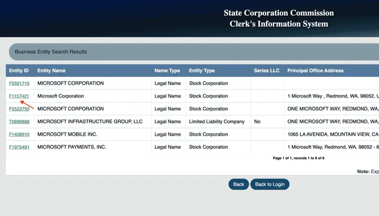 Virginia business entity search results listing Entity ID, Entity Name, Name Type, Entity Type, Series LLC and Principal Office Address columns, with six records including three Microsoft Corporation rows and one LLC showing No in the Series LLC column