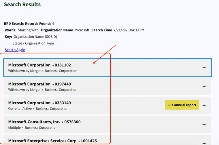 North Carolina search results for Microsoft showing Records Found 9 and rows with organization name, SOSID number, a status such as Current-Active or Withdrawn by Merger, and the organization type Business Corporation