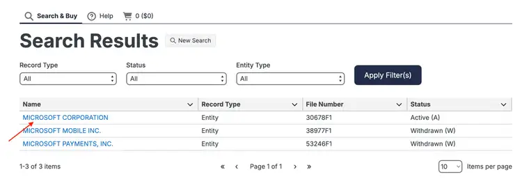 Hawaii Business Express Search Results page with Record Type, Status, and Entity Type filters and a results table listing Microsoft entities with file numbers and statuses