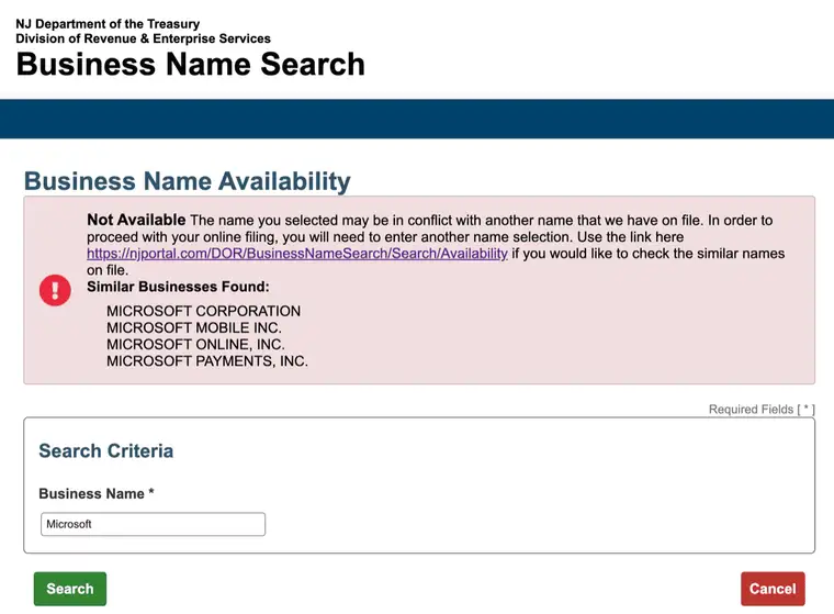 New Jersey Business Name Availability result showing a red Not Available notice for Microsoft with a Similar Businesses Found list of four Microsoft entities