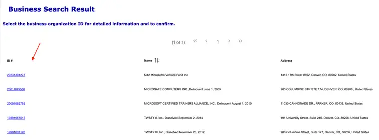 Colorado Business Search Result table with ID number, Name, and Address columns listing several Microsoft-related entities, some marked Delinquent or Dissolved