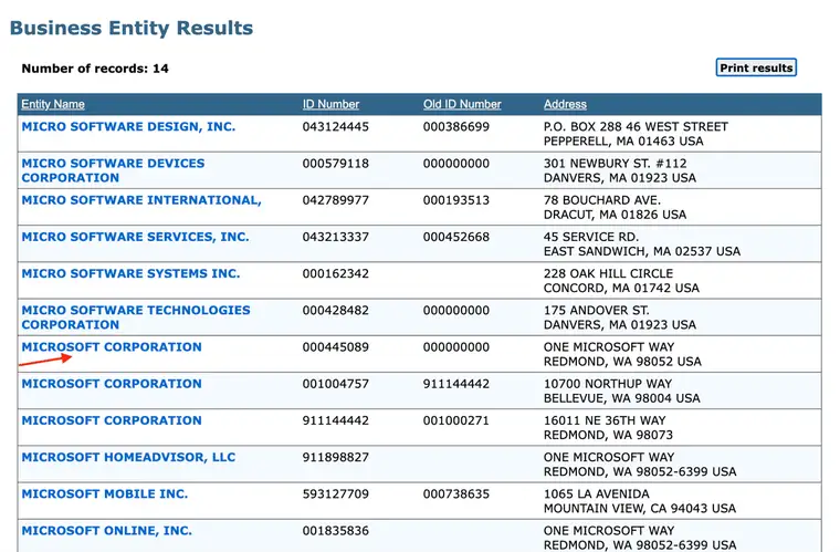 Massachusetts Business Entity Results showing 14 records and columns for Entity Name, ID Number, Old ID Number and Address, with a red arrow at a Microsoft Corporation row
