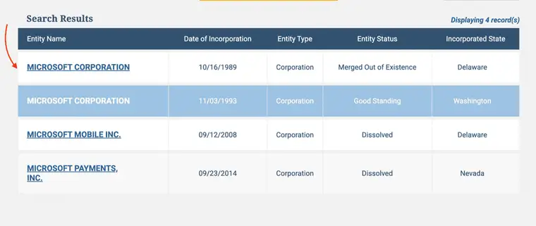 South Carolina Search Results table with Entity Name, Date of Incorporation, Entity Type, Entity Status, and Incorporated State columns listing several Microsoft entities
