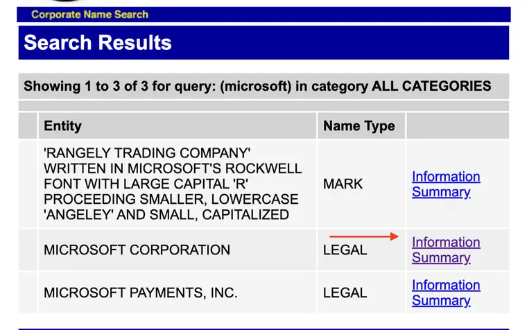 Maine Search Results table showing three rows for the query microsoft with Entity and Name Type columns, two rows typed LEGAL and one typed MARK