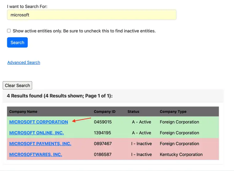 Kentucky business search showing four Microsoft results with Company Name, Company ID, Status and Company Type columns, including active and inactive foreign and Kentucky corporations