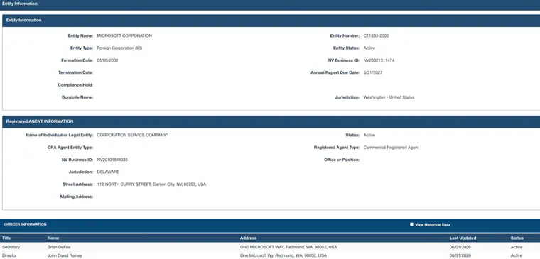 Nevada entity information screen for Microsoft Corporation showing Entity Type Foreign Corporation, Formation Date, blank Termination Date and Compliance Hold, Entity Status Active, NV Business ID, Annual Report Due Date 5/31/2027, Jurisdiction Washington, a registered agent block and an officer table