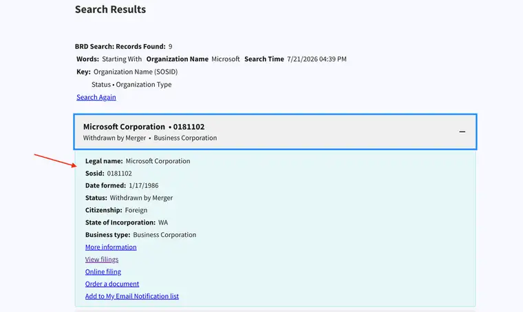 North Carolina record detail for Microsoft Corporation showing Legal name, Sosid, Date formed, Status Withdrawn by Merger, Citizenship Foreign, State of Incorporation WA, and Business type, with links to more information and filings
