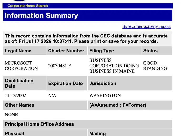 Maine Information Summary page showing legal name, charter number, filing type, status GOOD STANDING, jurisdiction, and the Other Names row for a foreign corporation