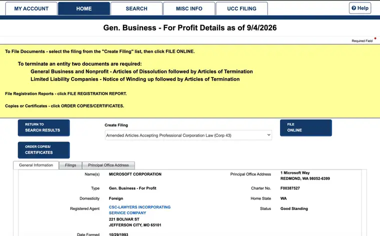 Missouri Microsoft Corporation detail page showing charter number F00387527, foreign domesticity, Washington home state, Good Standing status and General Information tabs
