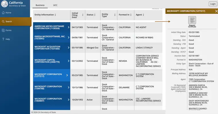 bizfile detail side panel for Microsoft Corporation showing Status Terminated, Standing-SOS Good, and agent information