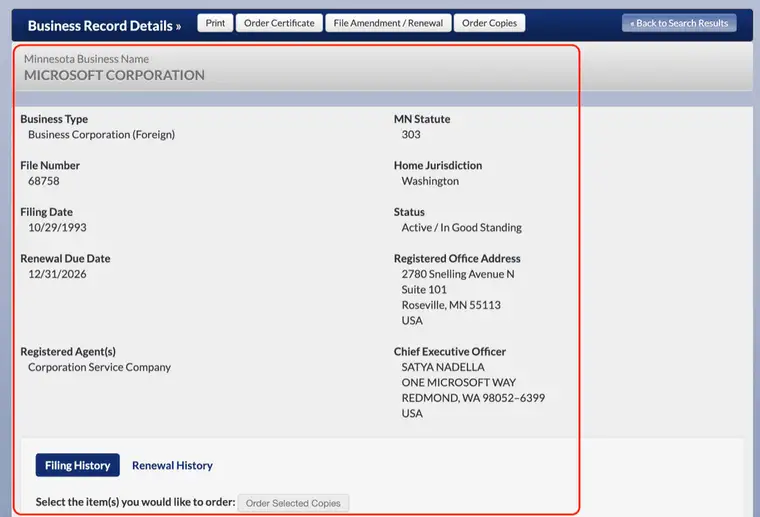 Minnesota Business Record Details screen showing Business Type, File Number, Filing Date, Renewal Due Date, MN Statute, Home Jurisdiction, Status, registered office and agent details, with Filing History and Renewal History tabs