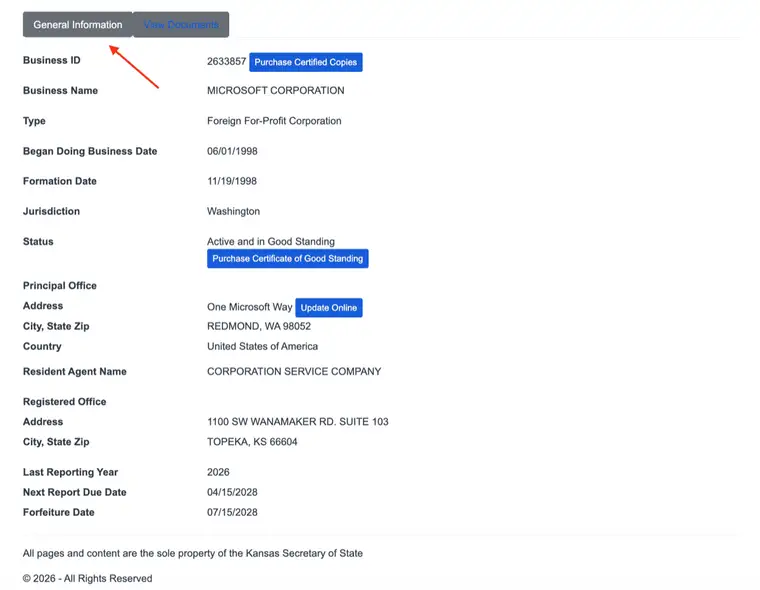 Kansas Business Search entity detail on the General Information tab showing business ID, name, type, formation date, jurisdiction, status, resident agent, registered office, and report dates for a foreign corporation