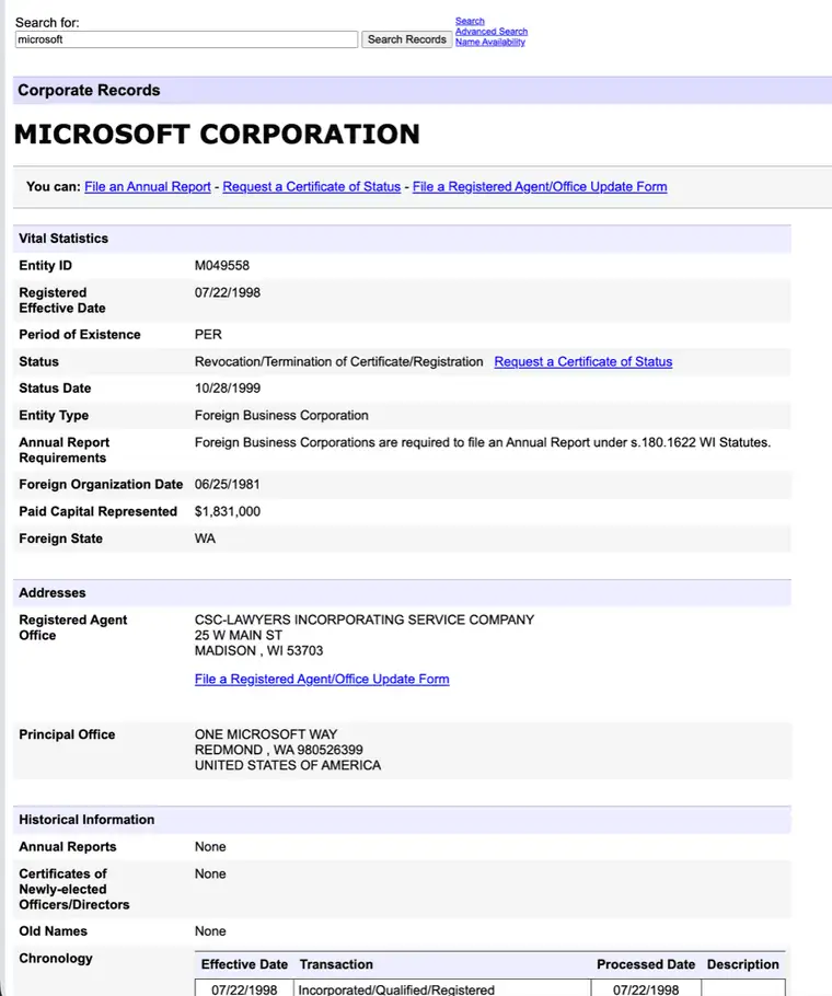 Wisconsin DFI Corporate Records detail for Microsoft Corporation showing Vital Statistics with entity ID, status, entity type, annual report requirements, addresses, and a chronology of filings