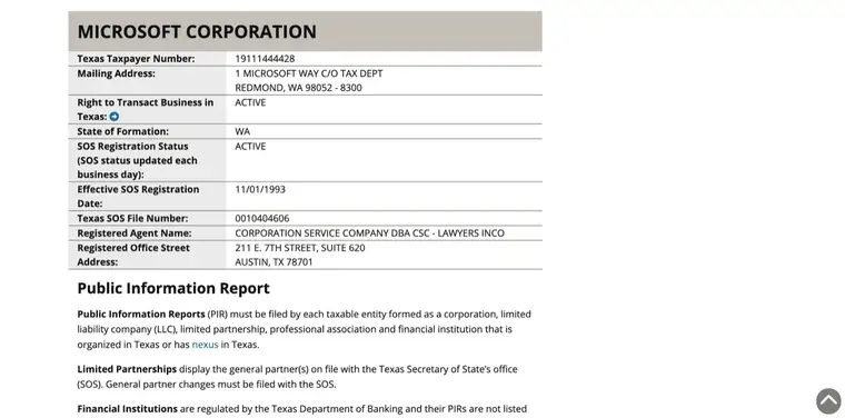 Comptroller entity detail for Microsoft Corporation showing Texas Taxpayer Number, Right to Transact Business, and SOS Registration Status