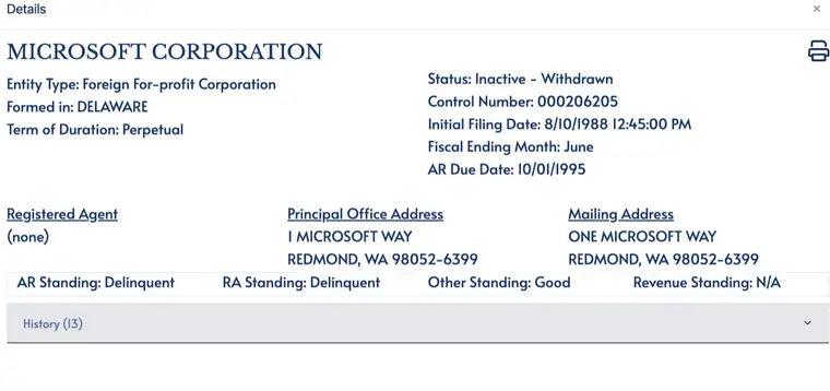 Tennessee entity detail panel for Microsoft Corporation listing Entity Type, Formed in, Term of Duration, Status, Control Number, Initial Filing Date, Fiscal Ending Month and AR Due Date above registered agent and address blocks, a row of AR, RA, Other and Revenue standings, and a collapsible History section