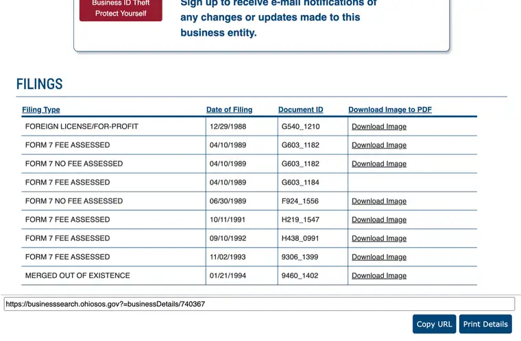 Ohio business detail FILINGS section with Filing Type, Date of Filing, Document ID, and Download Image links