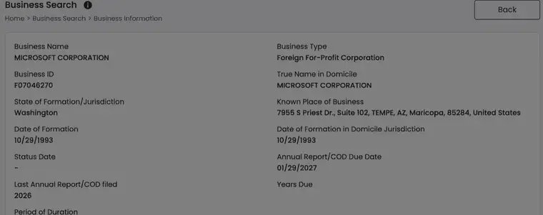 Arizona Business Information detail for Microsoft Corporation showing Business Type, True Name in Domicile, State of Formation Washington, Known Place of Business in Tempe, and the Date of Formation