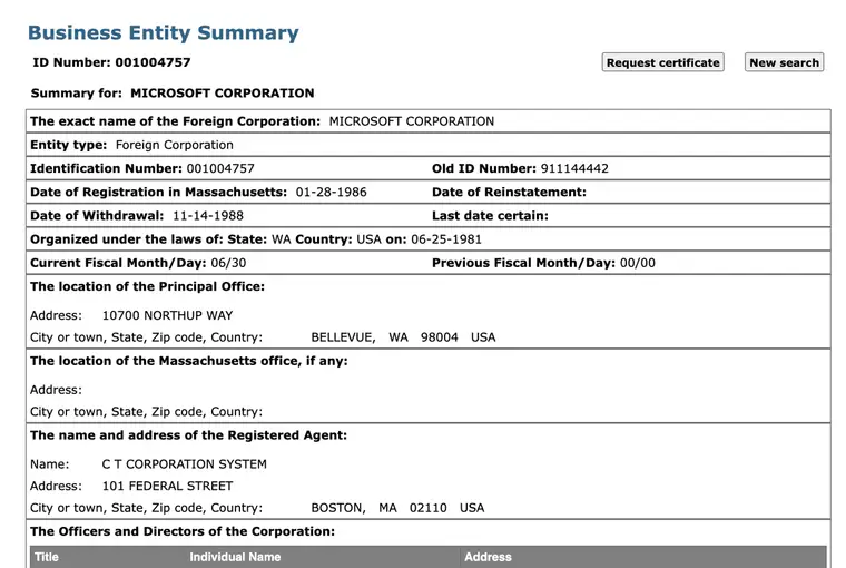Massachusetts Business Entity Summary for Microsoft Corporation ID 001004757 showing Foreign Corporation, registration date, withdrawal date, Washington organization and registered-agent details