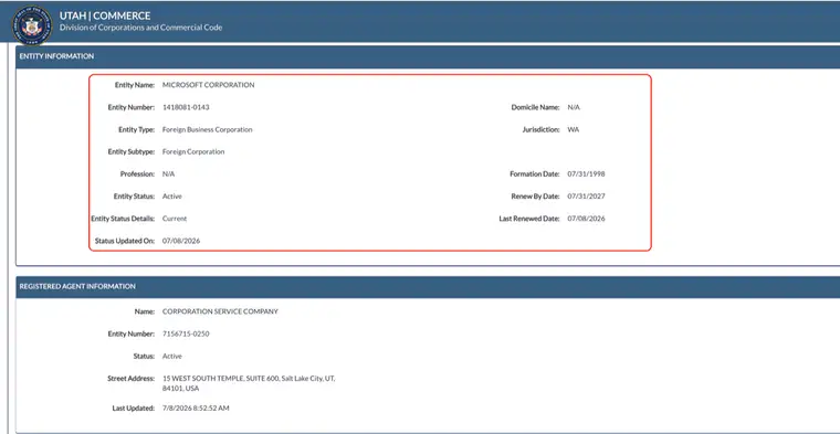 Utah entity information screen for Microsoft Corporation showing Entity Number, Entity Type, Entity Subtype, Profession, Entity Status, Entity Status Details, Status Updated On, Domicile Name, Jurisdiction, Formation Date, Renew By Date and Last Renewed Date, above a registered agent block