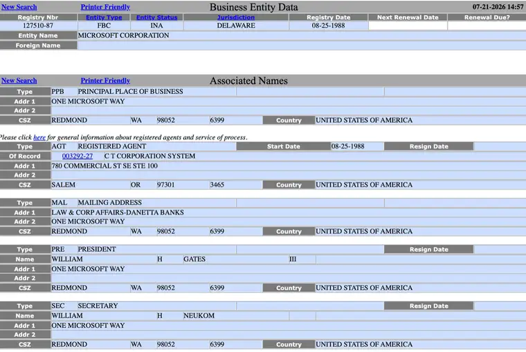 Oregon Business Entity Data detail for Microsoft Corporation showing Registry Number, Entity Type, Entity Status, Jurisdiction Delaware, Registry Date, and Associated Names including registered agent and officers